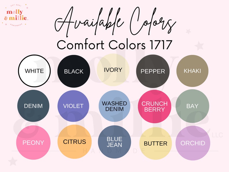 K&ouml;nnte beinhalten: Eine Tabelle mit 15 verschiedenen Farboptionen f&uuml;r Comfort Colors 1717 Bekleidung. Die Farben umfassen Wei&szlig;, Schwarz, Elfenbein, Pfeffer, Khaki, Denim, Violett, gewaschenes Denim, Crunch Berry, Bay, Pfingstrose, Zitrus, Blue Jean, Butter und Orchidee.