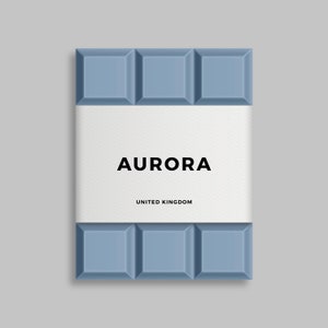 May include: A blue chocolate bar with a white label that says "AURORA" and "UNITED KINGDOM".