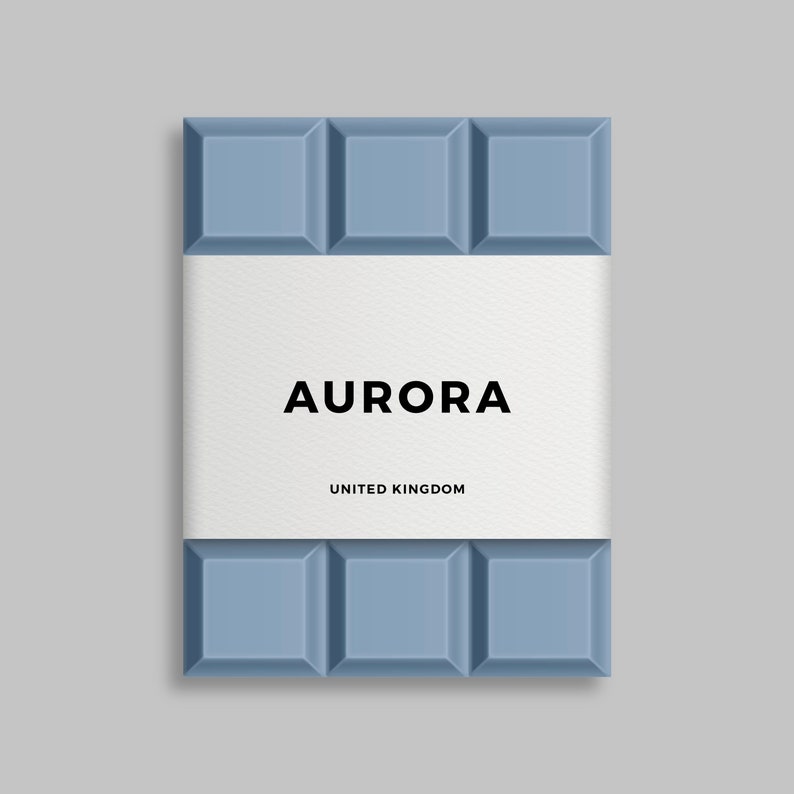 May include: A blue chocolate bar with a white label that says "AURORA" and "UNITED KINGDOM".