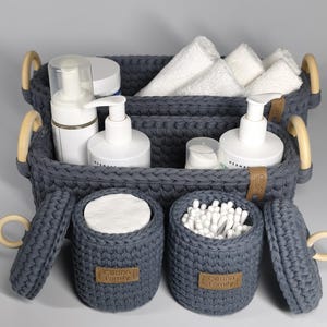 Bathroom Organizer Basket Set, Handmade Cotton Storage Baskets for Skincare, Towels and Vanity Essentials