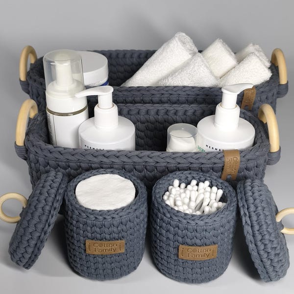 Bathroom Organizer Basket Set, Handmade Cotton Storage Baskets for Skincare, Towels and Vanity Essentials