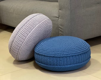 Round hand-knitted pouf from knitted yarn for a drawing room, a hall, a bedroom, children's.