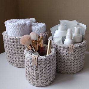 Crochet storage basket set | Handmade bathroom organizer | Round cotton yarn decor | Minimal neutral home style | Cozy eco home gift