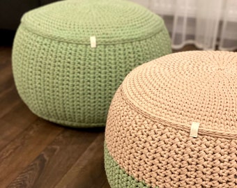 The round pouf is knitted from a knitted yarn that is a stylish additional seat for a drawing room, a hall, a bedroom.