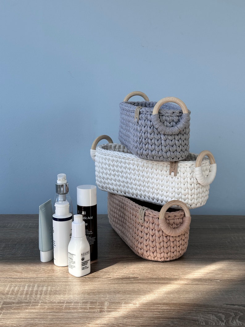 Knitted long storage basket. Bathroom Storage. Organizer for cosmetics. Home decor. Housewarming gift.Living room storage.Toiletries basket zdjęcie 1