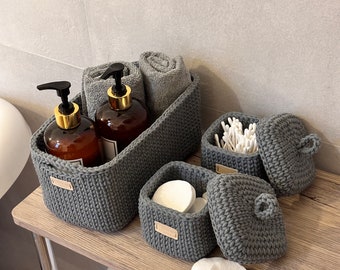 Set of crocheted organizers for Bathroom storing cosmetics and care products. Gift basket. Cosmetic bag.Storage basket. Home organization