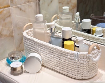 Knitted long  storage basket. Bathroom Storage. Organizer for cosmetics. Home decor. Housewarming gift. Shipping from Europe/korb gehäkelt