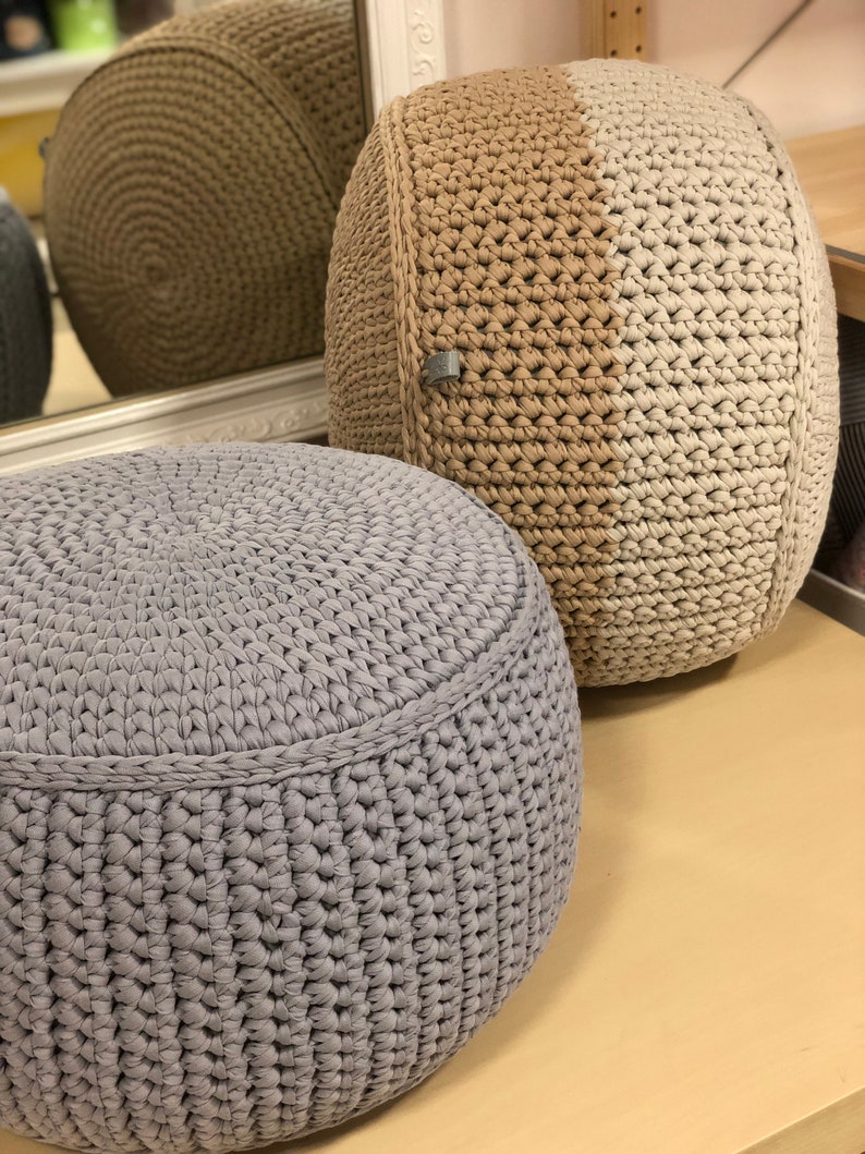 Round Knitted Ottoman Made of Cotton. Knitted Cotton Soft Gray Etsy