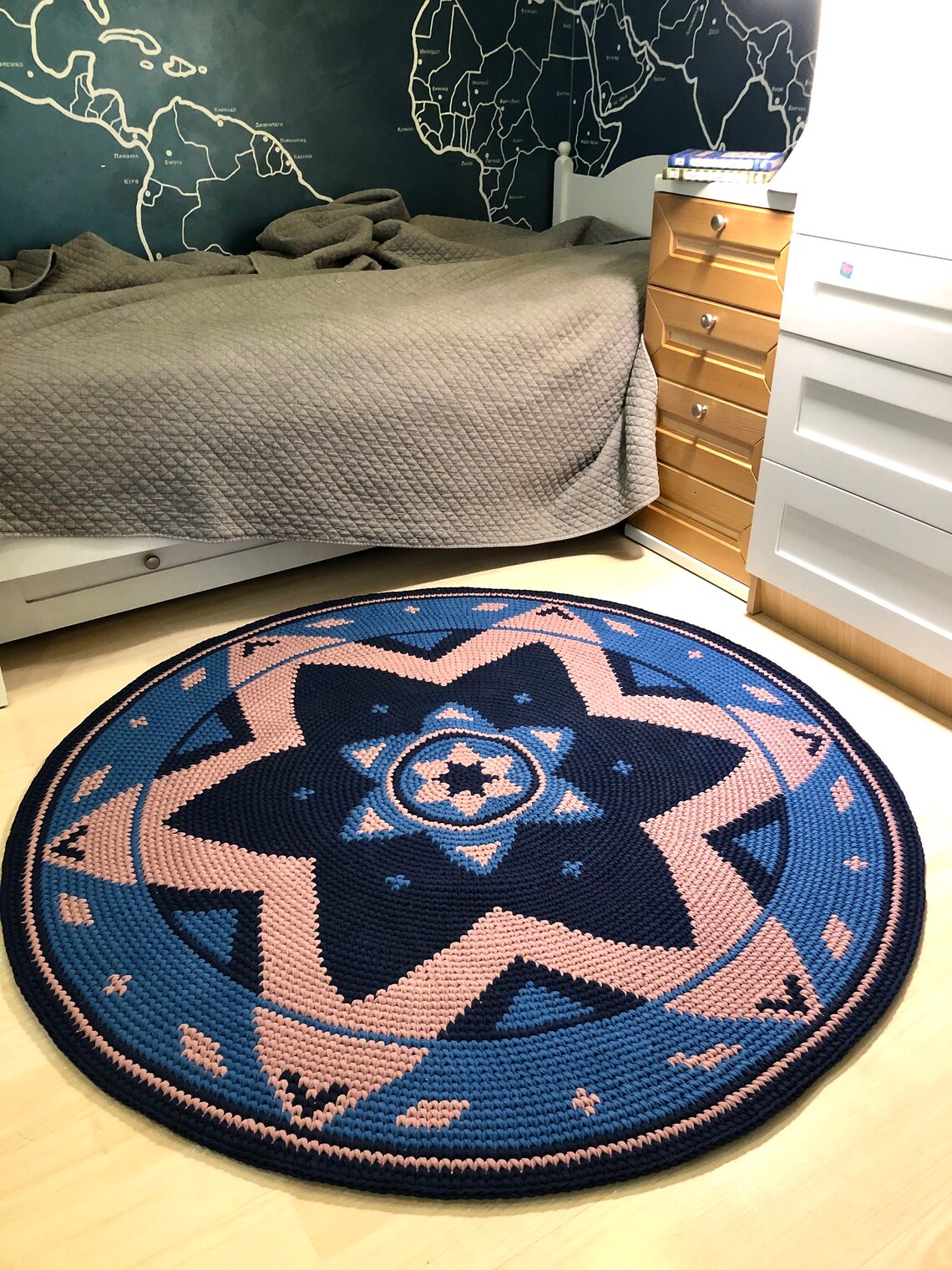 Modern Dark Blue Round Knitted Rug star Round Area Rug Etsy