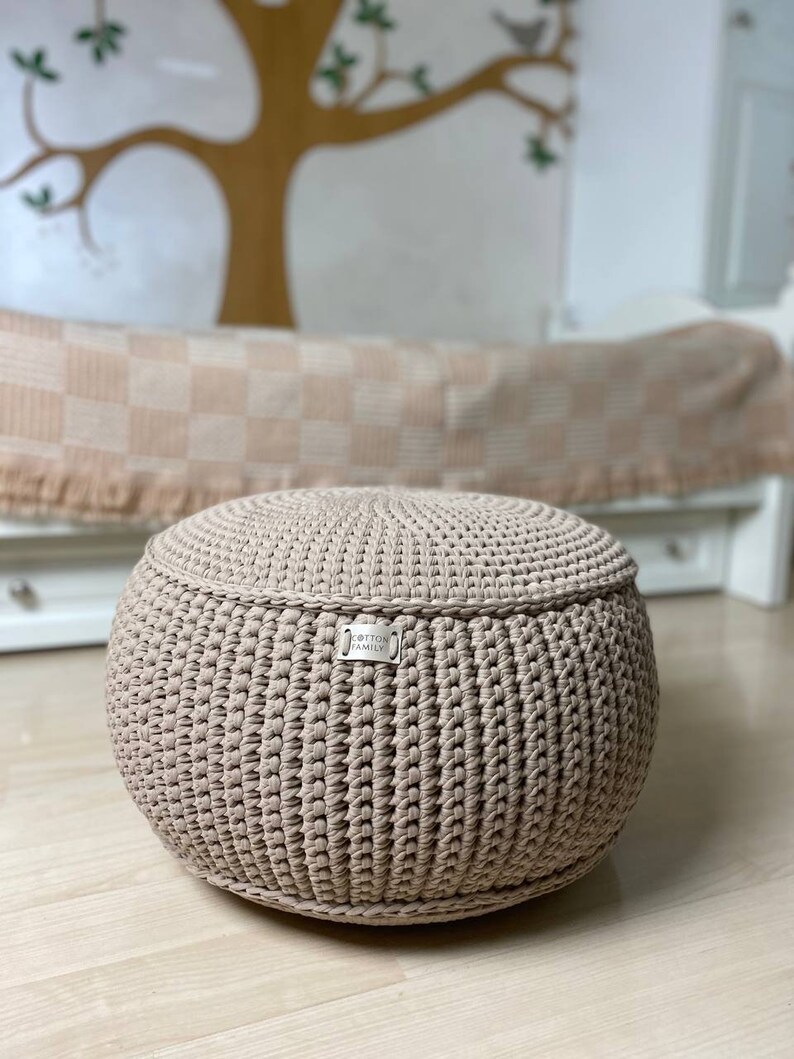 Round ottoman footstool.Knitted coffee table.Stuffed pouf.Floor cushion. Housewarming gift.Home decor.Boho floor pillow. Scandinavian pouffe image 3