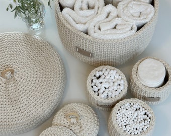 Set of crocheted round organizers with a lid for Bathroom storing cosmetics and care products. Gift storage basket. Shipping from Europe