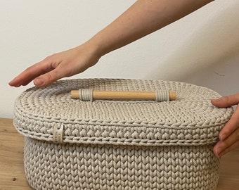 Oval Knitted Basket with Lid and Decorative Holder. Storage Basket for Bedroom, Living Room. Gift Basket.