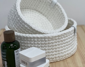 Round knitted basket organizer for storage. Basket for cosmetics.Housewarming gift. Newborn gift.Home decor modern. New house.