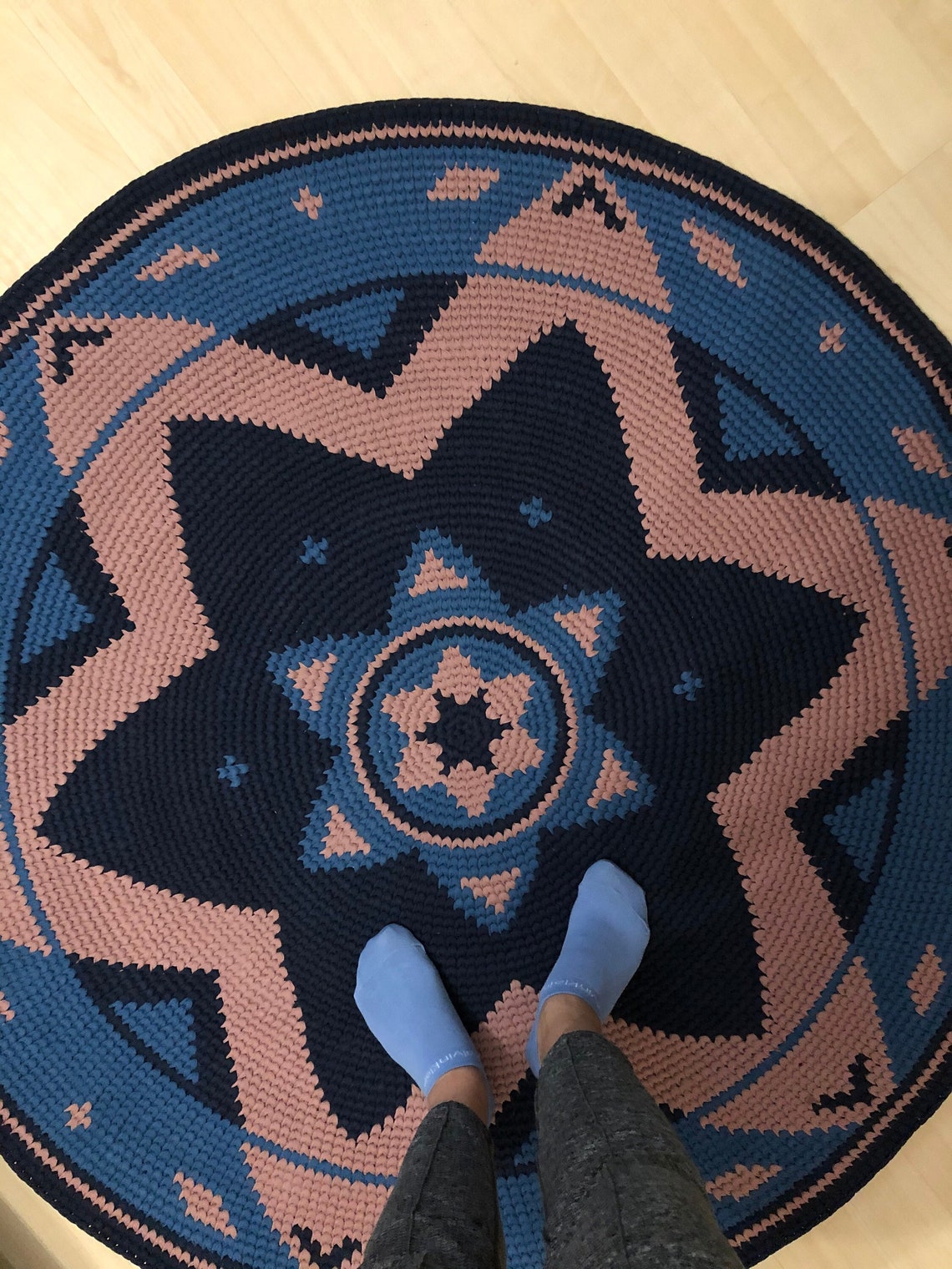 Modern Dark Blue Round Knitted Rug star Round Area Rug Etsy
