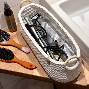 Cestino rettangolare in corda, organizer per mensole lunghe, contenitore per il bagno, cestino in cotone con fondo in legno, arredamento moderno per la casa.