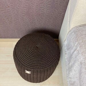 Round ottoman footstool.Knitted coffee table.Stuffed pouf.Floor cushion. Housewarming gift.Home decor.Boho floor pillow. Scandinavian pouffe image 2