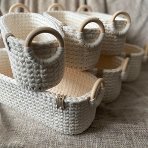 Two knitted long storage baskets. Bathroom Storage. Organizers for cosmetics. Home decor. Housewarming gift / Häkelkorb. Aufbewahrungskorb. image 4