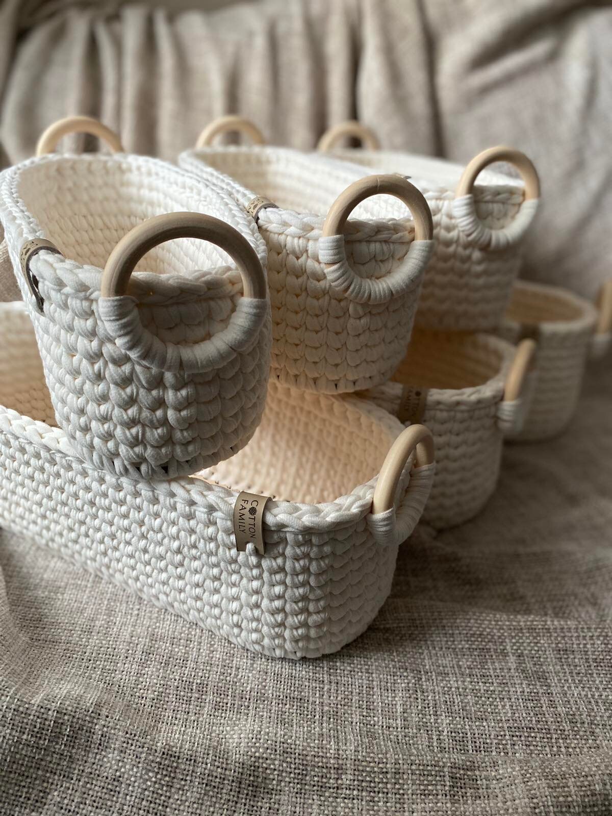 Two Knitted Long and Narrow Storage Baskets. Bathroom Storage