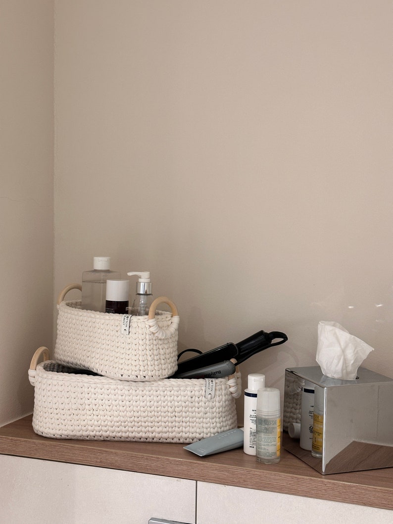 Two knitted long storage baskets. Bathroom Storage. Organizers for cosmetics. Home decor. Housewarming gift / Häkelkorb. Aufbewahrungskorb. image 5