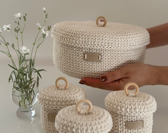 Set of crocheted round organizers with a lid for Bathroom storing cosmetics and care products.Gift basket.Cosmetic bag.Storage basket