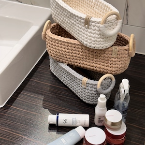 Knitted long storage basket. Bathroom Storage. Organizer for cosmetics. Home decor. Housewarming gift.Living room storage.Toiletries basket zdjęcie 5