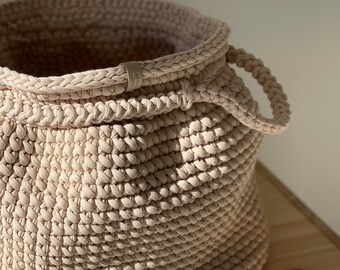 Large knitted basket for toys, knitted basket with handles for linen, soft and capacious basket of hand weaving for storing things