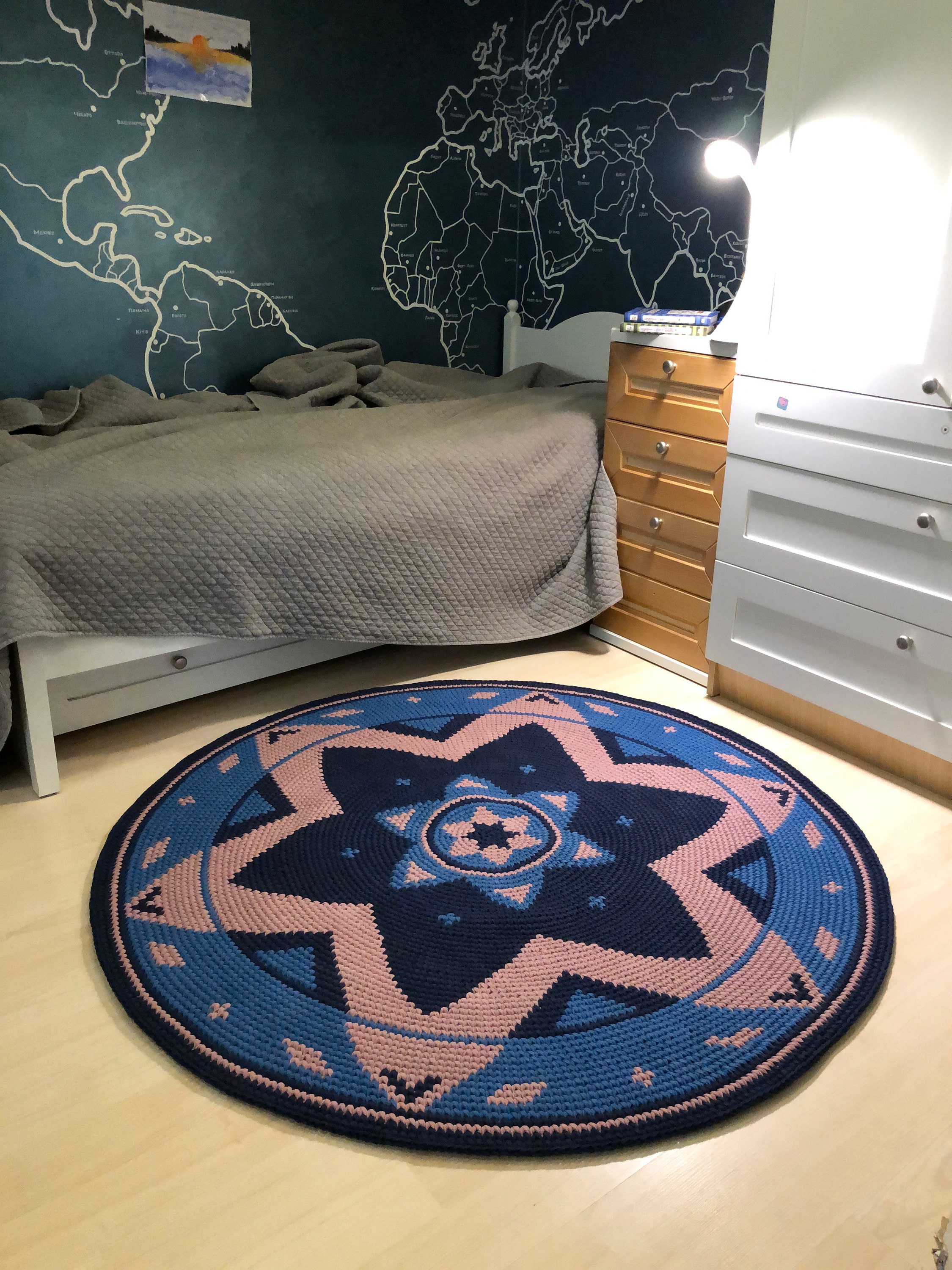 Modern Dark Blue Round Knitted Rug star Round Area Rug Etsy