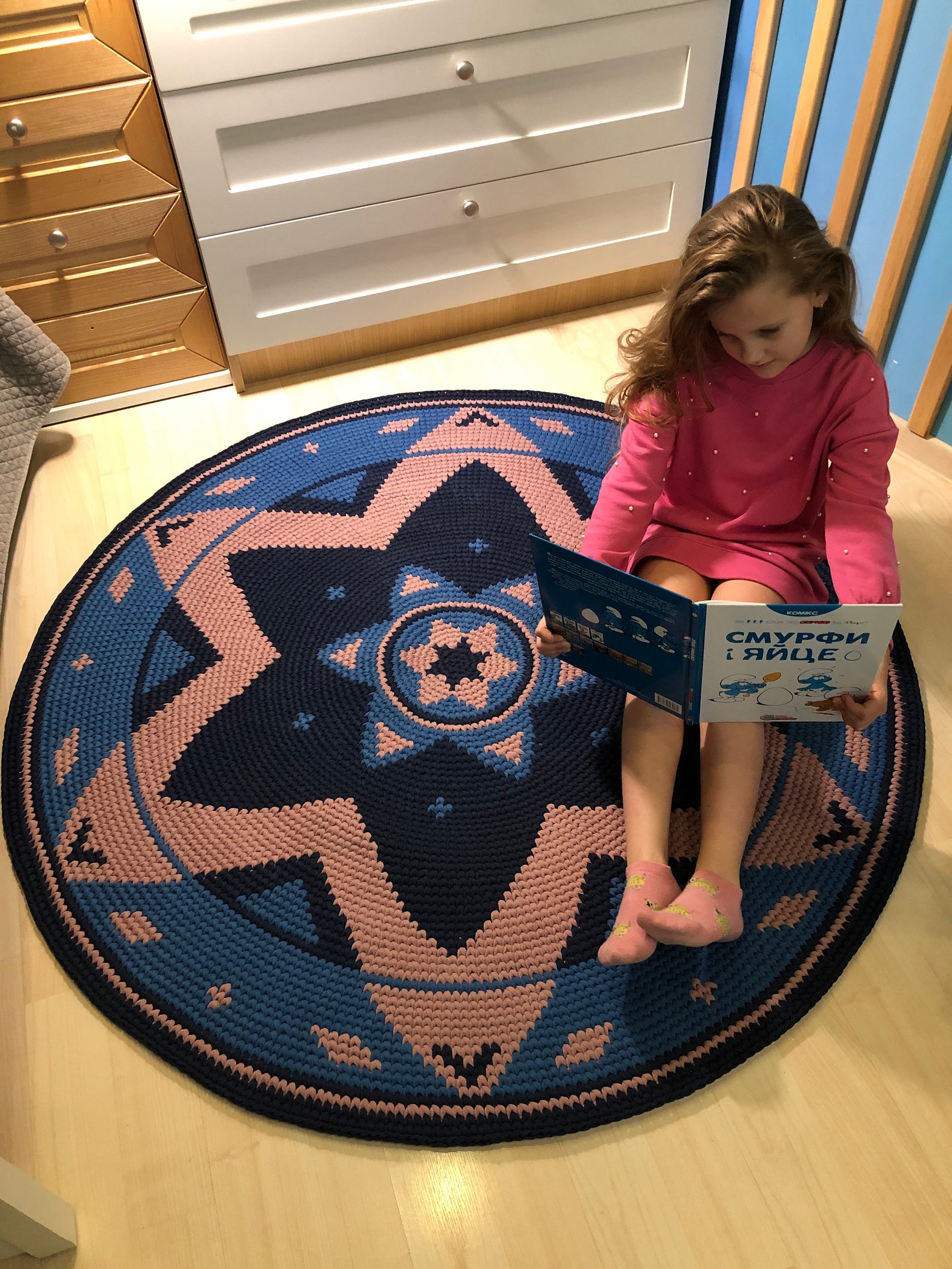 Modern Dark Blue Round Knitted Rug star Round Area Rug Etsy