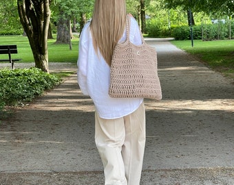 Stylish large tote bag. Shoulder bag. Shopping bag. Beach bag. Eco crochet bag. Gift for her. Summer bag.