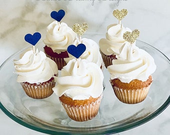 MINI Heart Cupcake Toppers, Navy Blue and Gold Glitter, Mini Cupcake Toppers, Food Picks, Baby Shower, Wedding, Bridal Shower