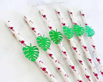 Flamingo and Tropical Leaves Paper Straws. Tropical Party Straws. Tropical Birthday Party. Tropical Summer Birthday Decor. Wild ONE.