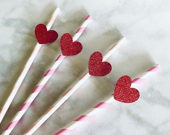 Heart Straws, Light Pink, Bright Pink and Red Glitter Straws, Galentines Decor, Valentine's Day Birthday Party, Sweetheart, Baby Shower