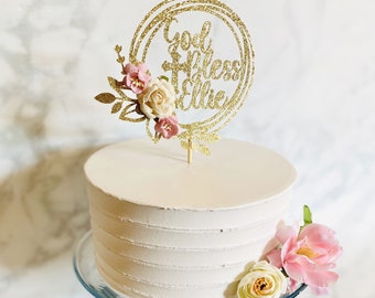 God Bless Cake Topper, Gold Glitter with White and Pink Flowers, Baptism Cake Topper, First Communion, Confirmation Cake Topper, Christening