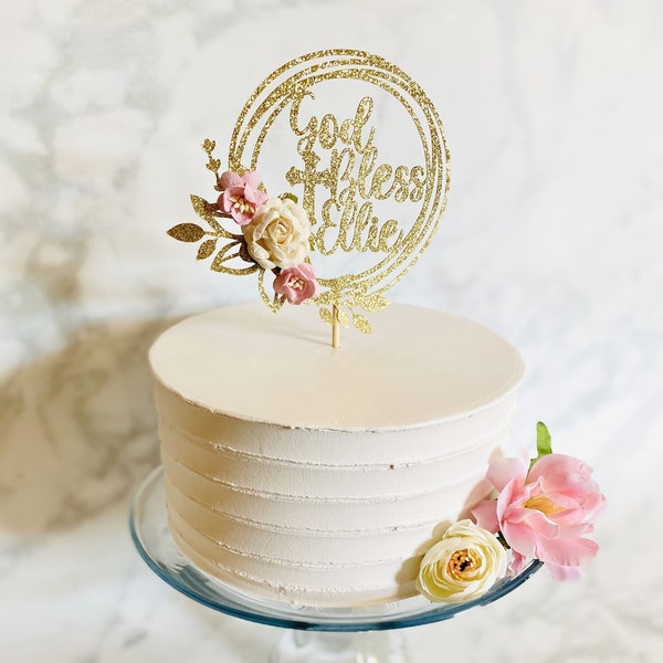 God Bless Cake Topper, Gold Glitter with White and Pink Flowers, Baptism Cake Topper, First Communion, Confirmation Cake Topper, Christening