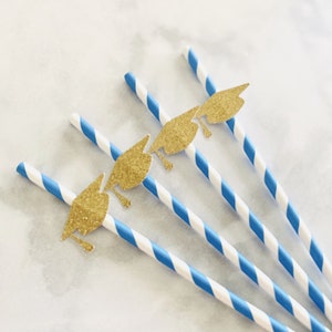 Graduation Party Straws, Royal Blue and Gold, Grad Cap Straws, 2024 Straws, Paper Party Straws, Class of 2024, Graduation Party Decorations