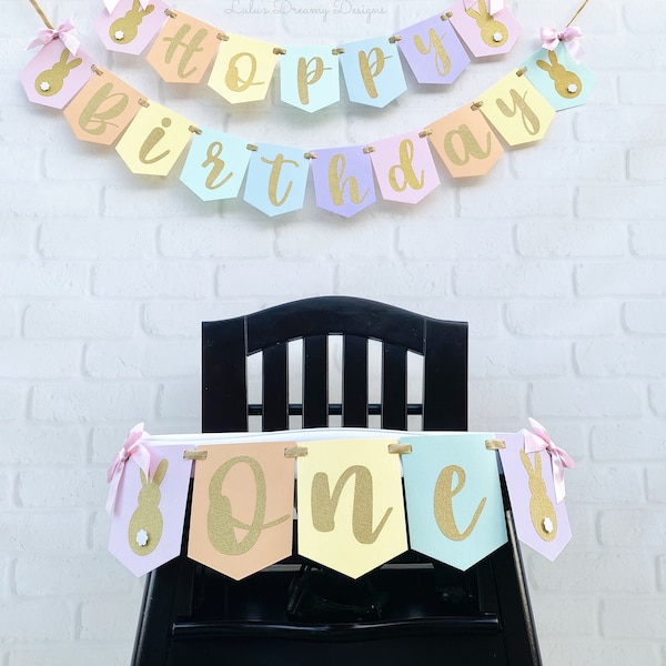 Bunny High Chair Banner, Rainbow and Gold Glitter, Some Bunny is One, ONE Banner, 1st Birthday, Spring Easter Birthday, Bunny Party Decor