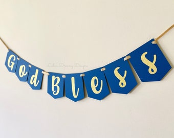 God Bless Banner, Navy Blue and Gold, Personalized Name Banner, Baptism, First Communion, Confirmation, Christening, Religious Banner