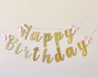 Personalized Happy Birthday Banner, Gold Glitter with Pink Bows, Custom Age and Name Banner, 1st Birthday Party Decor, Virtual Celebration