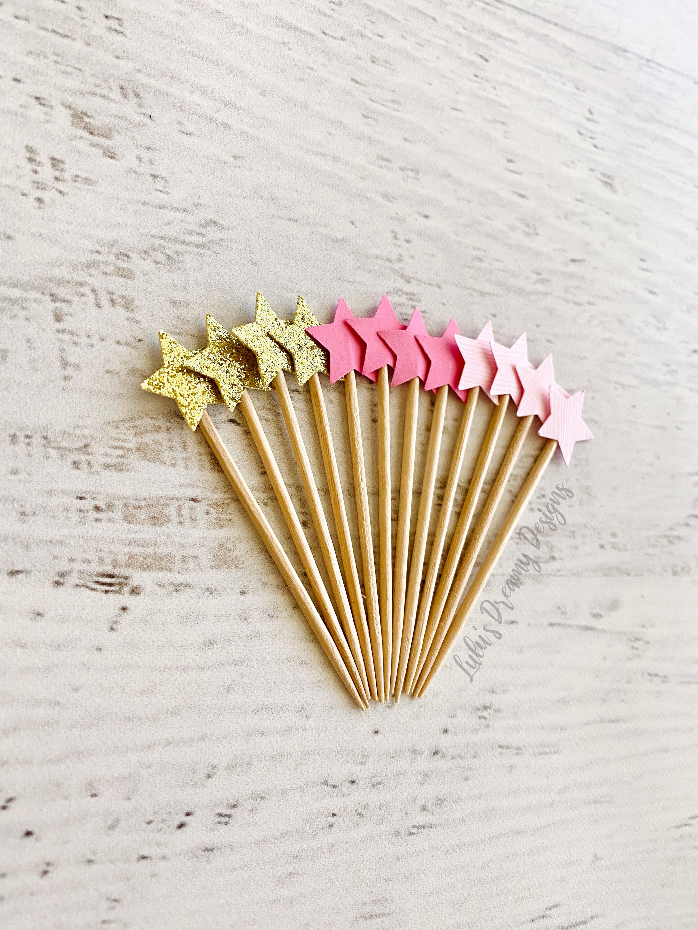 Glitter Gold Mini Star Cupcake Toppers 12CT. Pink and Gold Birthday Decorations 