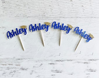 Personalized Grad Name Cupcake Toppers, Royal Blue and Gold, Graduation Cupcake Toppers, Graduation Party Decorations, 2024 Grad Party