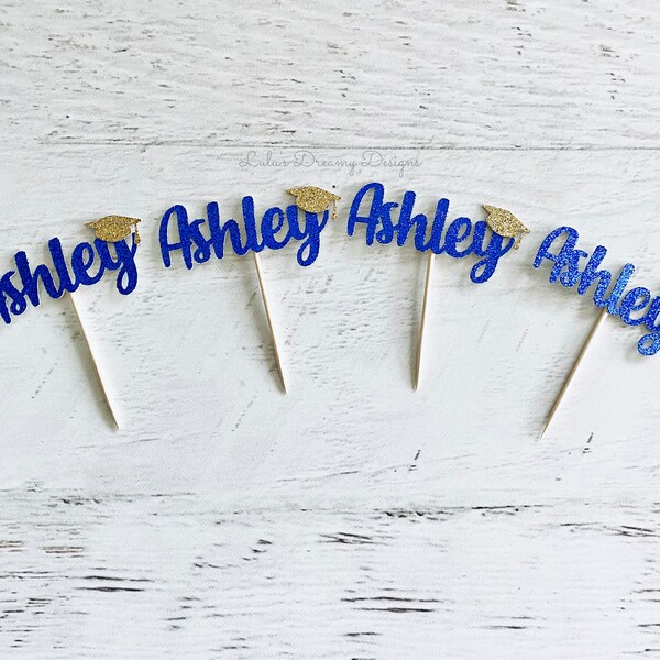 Personalized Grad Name Cupcake Toppers, Royal Blue and Gold, Graduation Cupcake Toppers, Graduation Party Decorations, 2024 Grad Party