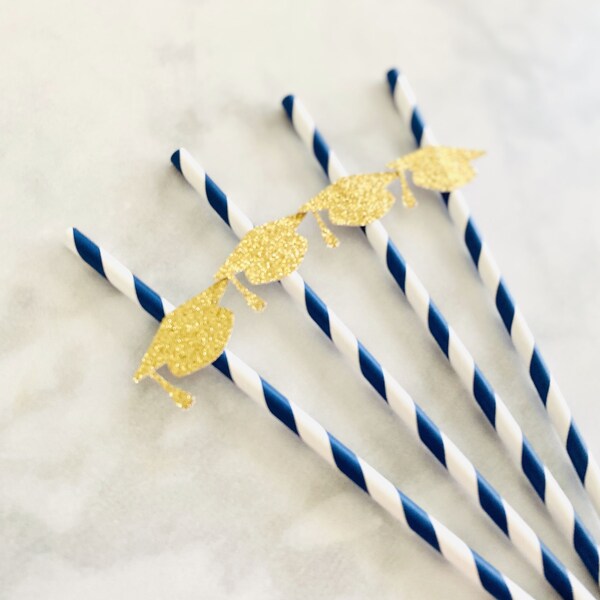 Graduation Party Straws, Navy Blue and Gold, Grad Cap Straws, 2024 Straws, Paper Party Straws, Class of 2024, Graduation Party Decorations