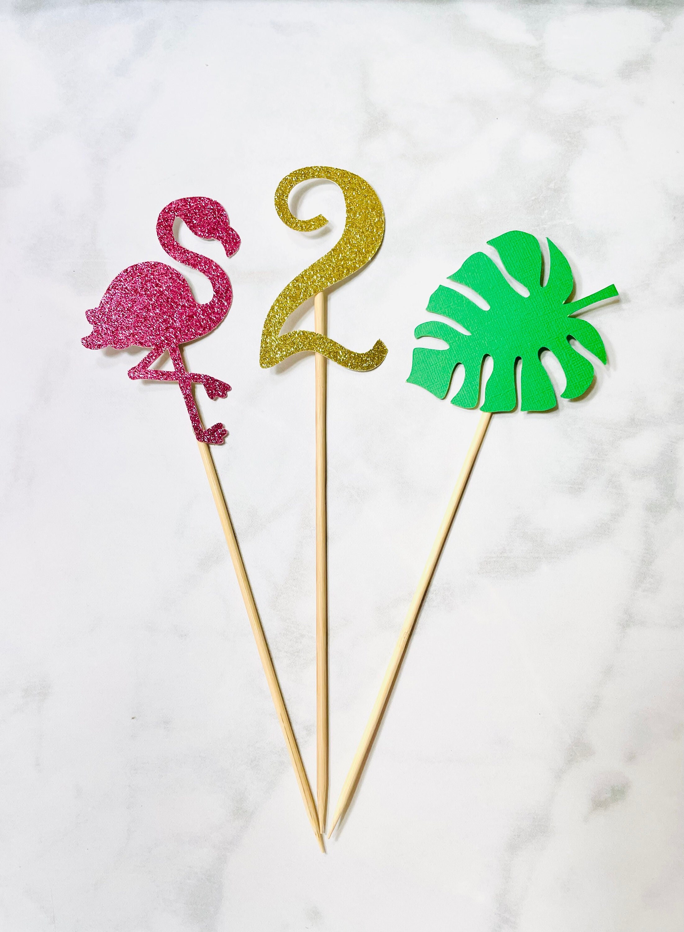 Flamingo Tropical Leaf and Age Centepieces Tropical Centerpieces Tropical Birthday Party Tropical Summer Birthday Decor TWO