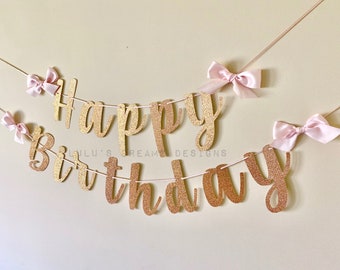 Happy Birthday Banner, Rose Gold Glitter, Pink Bows, Personalized Name, Age Banner, First Birthday Party Decor, Pink and Rose Gold Birthday