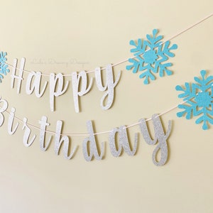 Winter Wonderland Happy Birthday Banner, Blue and Silver Glitter, Snowflake Banner, Personalized Banner, Winter Onederland Birthday Decor