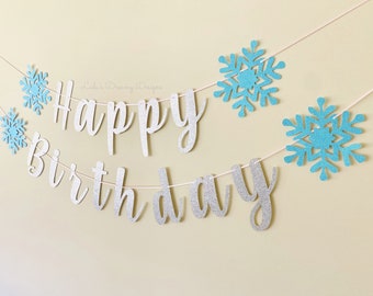 Winter Wonderland Happy Birthday Banner, Blue and Silver Glitter, Snowflake Banner, Personalized Banner, Winter Onederland Birthday Decor