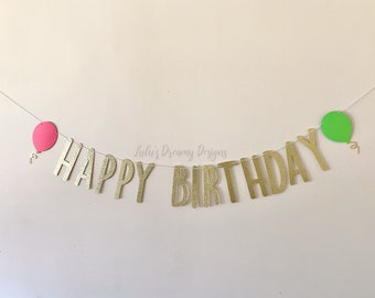 Personalized Gold Glitter Happy Birthday Banner with Balloons. Age and Name Banner. Birthday Party Decor. Festive Birthday. Virtual Party.