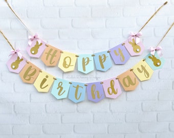 Rainbow Bunny and Gold Glitter Hoppy Birthday Banner. Personalized Banner. Some Bunny is One. 1st Birthday Party Decor. Bunny Birthday Party