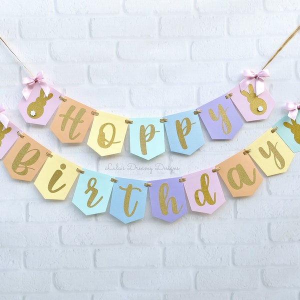 Rainbow Bunny and Gold Glitter Hoppy Birthday Banner. Personalized Banner. Some Bunny is One. 1st Birthday Party Decor. Bunny Birthday Party