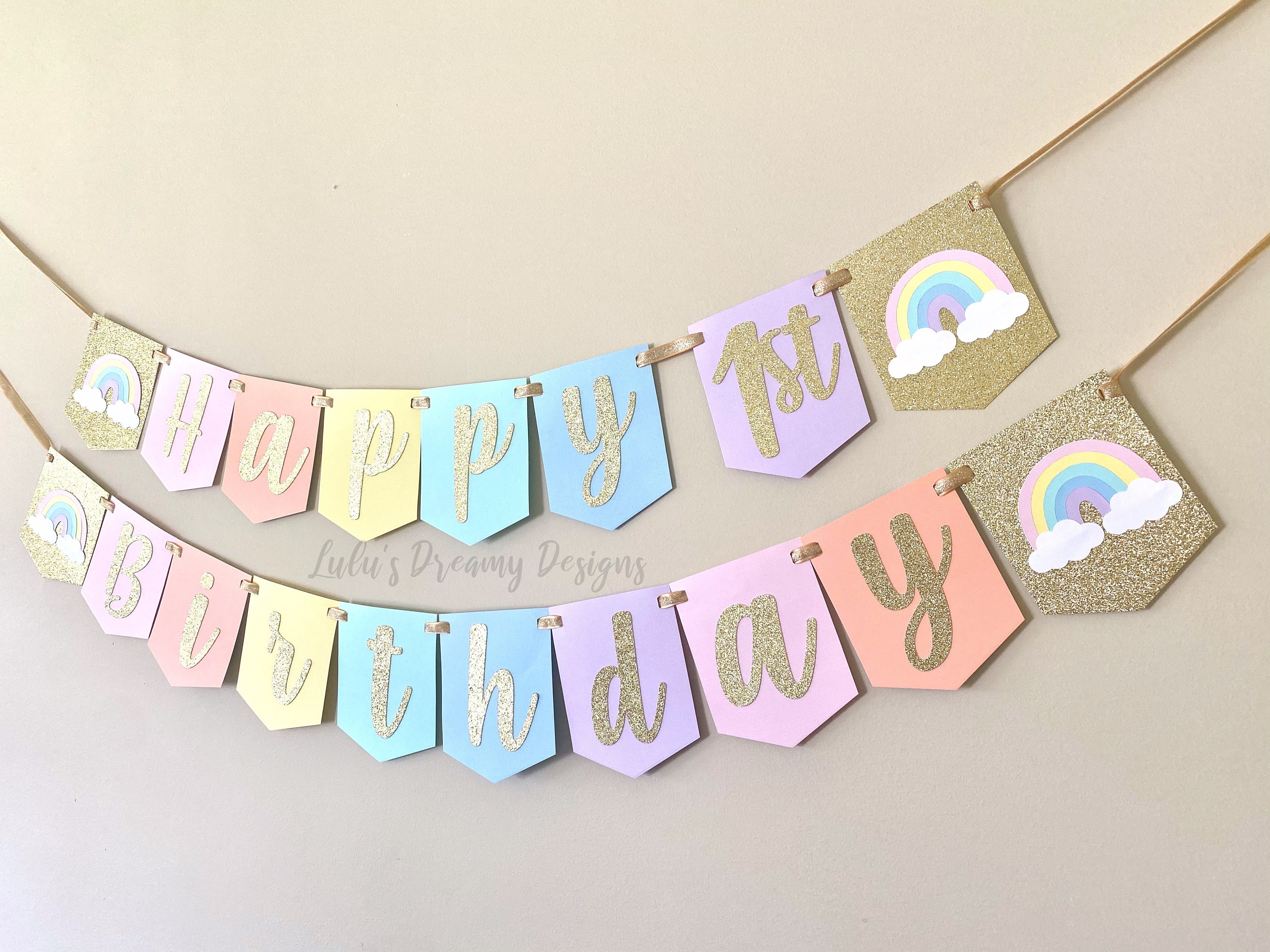 Colorful Pastel Happy Birthday Banner with Gold Glitter Bander, Rainbow  Color Happy Birthday Sign Large Letter, Reusable Party Decorations for  Girls